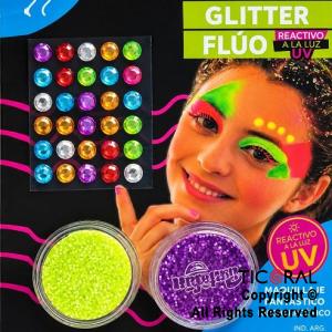 KIT MAQUILLAJE ARTISTICO GLITTER FLUO AMARILLO Y VIOLETA (4 GRS) +STRASS 645-40